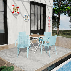 Holiday- 4pcs Light Blue Stackable PP Armchair for Indoor/Outdoor Use-Ergonomic Slatted Back with Modern folding indoor/outdoor multi-functional square table- PP tabletop with metal legs(White, khaki)