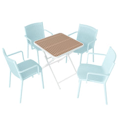Holiday- 4pcs Light Blue Stackable PP Armchair for Indoor/Outdoor Use-Ergonomic Slatted Back with Modern folding indoor/outdoor multi-functional square table- PP tabletop with metal legs(White, khaki)