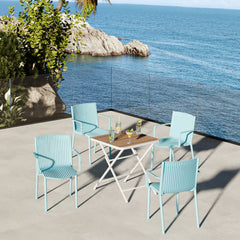 Holiday- 4pcs Light Blue Stackable PP Armchair for Indoor/Outdoor Use-Ergonomic Slatted Back with Modern folding indoor/outdoor multi-functional square table- PP tabletop with metal legs(White, khaki)
