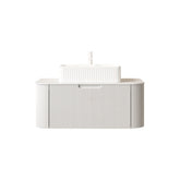 DINA 36" Bathroom Vanity&Sink, Floating Curved Edges Striped Plywood Storage Cabinet with Drawer, White Rectangle Ceramic Basin&Carrara White Sintered Stone Top, Pre-assembled, White (New SKU)