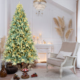 7FT Blue-Green Tint PE/PVC Christmas Tree with 500 Warm White LED Lights – 1845 Tips, Hinged Branch Design, Full Natural Look, Metal Stand, Easy Assembly Holiday Decoration