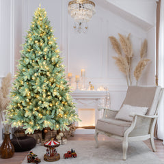 7FT Blue-Green Tint PE/PVC Christmas Tree with 500 Warm White LED Lights – 1845 Tips, Hinged Branch Design, Full Natural Look, Metal Stand, Easy Assembly Holiday Decoration