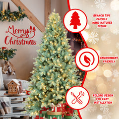 6FT Blue-Green Tint PE/PVC Christmas Tree with 350 Warm White LED Lights – 1390 Tips, Hinged Branch Design, Full Natural Look, Metal Stand, Easy Assembly Holiday Decoration