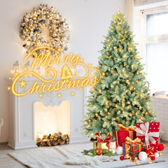 6FT Blue-Green Tint PE/PVC Christmas Tree with 350 Warm White LED Lights – 1390 Tips, Hinged Branch Design, Full Natural Look, Metal Stand, Easy Assembly Holiday Decoration