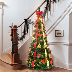 6FT Pop-Up Christmas Tree with 150 Warm White UL Lights – Pre-Decorated with Red & Gold Ornaments, Flowers, Ribbons & Bows – Easy Assembly, Space-Saving Collapsible Holiday Tree