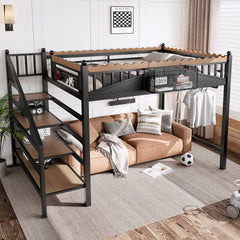 Full Size Loft Bed with Storage Stairs, Metal Loft Beds Frame with Storage Shelves and bookshelf, Loft Bed for Bedroom, Guest, Dorms, Black