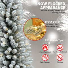6FT Flocked Pencil Christmas Tree with 150 Warm White LED Lights – Slim Snowy PVC Tree with 358 Tips, Metal Stand, Space-Saving Design, Easy to Set Up