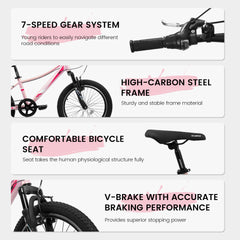 A20261 20 inch Children's Bicycle, Shock Absorbing Front Fork, 7 - Speed, V - brakes, Mountain Tire, Boys and Girls Kids Bike for Outdoor Adventure