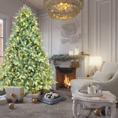 9FT Blue-Green Tint Pre-Lit Christmas Tree with 1150 Warm White LED Lights – 4368 PE+PVC Tips, Hinged Branches for Easy Setup, Sturdy Metal Stand, Unique Holiday Decoration