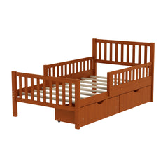 Twin Size Wood Platform Bed with Guardrails on Both Sides and Two Storage Drawers, Walnut