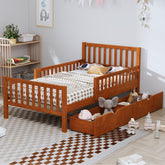Twin Size Wood Platform Bed with Guardrails on Both Sides and Two Storage Drawers, Walnut