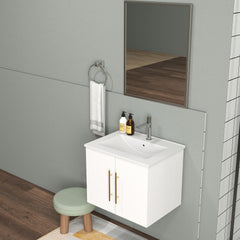 24-Inch Wall-Mounted Bathroom Vanity with Sink and Mirror Combo,Double Doors,Soft Close Hinges, Ceramic Basin,Sliver Aluminum Frame,Easy Assemble,Gold Metal Long Handle,Storage Space,Glossy White