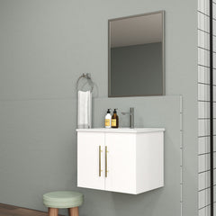 24-Inch Wall-Mounted Bathroom Vanity with Sink and Mirror Combo,Double Doors,Soft Close Hinges, Ceramic Basin,Sliver Aluminum Frame,Easy Assemble,Gold Metal Long Handle,Storage Space,Glossy White