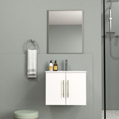 24-Inch Wall-Mounted Bathroom Vanity with Sink and Mirror Combo,Double Doors,Soft Close Hinges, Ceramic Basin,Sliver Aluminum Frame,Easy Assemble,Gold Metal Long Handle,Storage Space,Glossy White