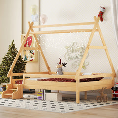 Full House Platform Bed with Stairs, Solid Wood Twin Bed Frame, Low Profile and Childlike Fun Design, Natural