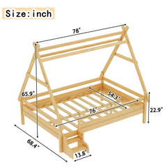Full House Platform Bed with Stairs, Solid Wood Twin Bed Frame, Low Profile and Childlike Fun Design, Natural
