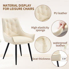 Dining Chairs Set of 2, Off White Faux Leather Dining Room Chair, Metal Kitchen Chairs with Gold Mesh Texture and Black Sanded Legs, Flat Back Upholstered Chair (Off White, Set of 2)