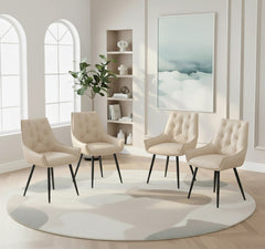 Dining Chairs Set of 2, Off White Faux Leather Dining Room Chair, Metal Kitchen Chairs with Gold Mesh Texture and Black Sanded Legs, Flat Back Upholstered Chair (Off White, Set of 2)