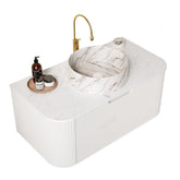 DINA 36" Bathroom Vanity&Sink, Floating Curved Edges Striped Storage Plywood Cabinet with Drawer, Matte Stone White Pattern Round Ceramic Basin&Sintered Stone Top, Pre-assembled, White (New SKU)