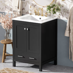 24-inch bathroom vanity with integrated undermount basin and a storage cabinet featuring 2 doors and 1 drawer. Includes double-layer door shelf, soft-close design, and versatile storage solutions