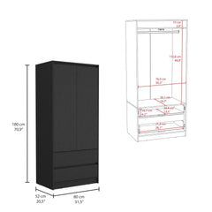 Austin 2 Drawers Armoire, Double Door, Hanging Rod -Black