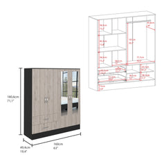 Bolton 160 Armoire, Six Shelves, Two Double Door Cabinets, Two Mirrors, Two Drawers, Rod Black / Light Gray
