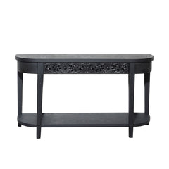 59.2in Black Carved Wooden Console Table with Lower Storage Shelf Tow Drawers– Elegant Decorative Accent for Entryway, Living Room, and Hallway