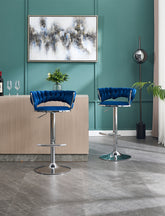 Set of 2 Bar Stools,with Chrome Footrest and Base Swivel Height Adjustable Mechanical Lifting Velvet + Chrome Leg Simple Bar Stool-BLUE