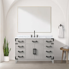 White Oak Single Bath Vanity 48 in. W x 22 in. D, Carrara Marble Top, Faucet Set, and 46 in. Mirror