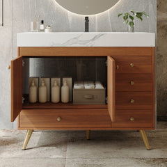 36" Freestanding Bathroom Vanity with Faux Marble Top, Ceramic Sink, 5 Drawers & Stainless Steel Legs