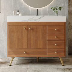 36" Freestanding Bathroom Vanity with Faux Marble Top, Ceramic Sink, 5 Drawers & Stainless Steel Legs