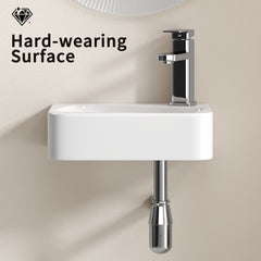 Floating Bathroom Sink Wall Mounted - Rectangle Vessel Sink 14" x 10" Small Modern Bathroom Wall Hung Sink White Porcelain Ceramic Vessel Vanity Sink with Faucet &Drain