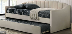 Contemporary Style Twin Size Daybed With Matching Trundle Channel Tufting Armrests Slope Track Fully Upholstered Beige Finish