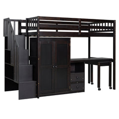 Twin Size Loft Bed with Stairs, Bookshelf, Drawers, Desk & Wardrobe – Space-Saving Multifunctional Furniture for Kids & Teens-Espresso