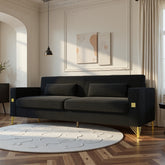 FX-P18-BK(sofa)Luxury Velvet Sofa with Gold Accents - Modern 3-Seat Couch with Plush Cushions, Perfect for Living Room and Office Decor
