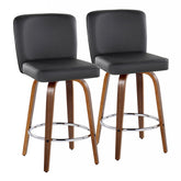 Henry 26" Contemporary Fixed-Height Counter Stool with Swivel in Walnut Wood and Black Faux Leather with Round Chrome Footrest by LumiSource - Set of 2