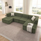 135" U-Shaped Modular Sectional Sofa with Chaise and Movable Ottoman for Living Room, Chenille Upholstered Boneless Couches with Wave-Shaped Armrest, No Pillows Included