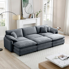 Oversized modular cushioned sofa,with 3 ottomans to work as sleeper sofa beds, 3-seater sofa with 3 footstools,Grey corduroy fabric