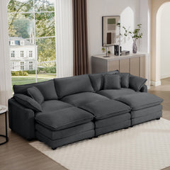 Oversized Modular Cushion Sofa, Portable Ottoman, L-Shaped Corner Low Back Deep Seating Spacious Sofa Setfor Home Apartment Living Room Set, Grey Corduroy