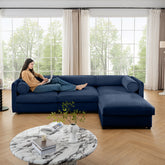 Elegant Blue Chenille Sofa with Storage Seat and Ottoman, L-Shaped 3-Seater Cylindrical Backrest and Armrests, Contemporary 3-Seater Fabric Couch with Hidden Storage Compartment