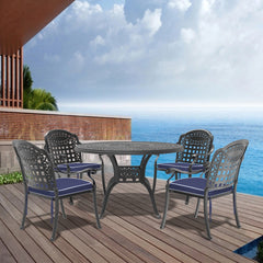 5-Piece Set Of Cast Aluminum Patio Furniture With Black Frame and Blue Seat Cushions(same sku:W1710S00093)