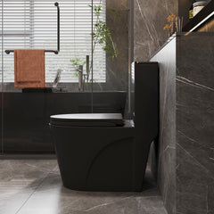 1.1/1.6 GPF Tornado Flush One-Piece Toilet for bathrooms,Siphonic S-trap 12",Elongated Bowl with Soft Close Seat,Powerful Dual Flush MAP 1000g,Comfort Chair Seat ADA Height 17", Matte black 26T01-MB
