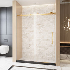 Frameless Single sliding shower door 56-60 "W x 76" H, 1/4 "(6 mm) Clear Tempered Glass, Explosion Proof Film, Stainless Steel Handle Square Tube Track ,Brushed Gold