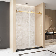 Frameless Single sliding shower door 56-60 "W x 76" H, 1/4 "(6 mm) Clear Tempered Glass, Explosion Proof Film, Stainless Steel Handle Square Tube Track ,Brushed Gold