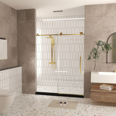 Frameless shower door 56-60 "W x 76" H, 1/4 "(6 mm) Clear Tempered Glass, Explosion Proof Film, Stainless Steel Handle,Brushed Gold