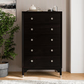 1pc Mid-Century Modern Black Color Silver-Capped Legs Five-Drawers Tall Chest Wooden English Dovetail