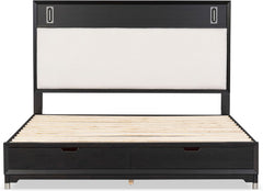 Mid-Century Modern 1pc Eastern King Size Bed w Storage Drawers Black Solid wood Upholstered HB Reading Light Bedroom Furniture