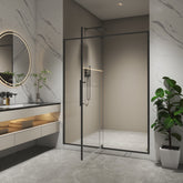 56-60"W X 74"H pivot shower door, open outside, stop at 105 degrees, with 5/16" tempered glass finish Matte Black