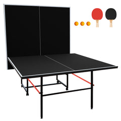 9ft Mid-Size Table Tennis Table Foldable & Portable Ping Pong Table Set for Indoor Games with Net, 2 Table Tennis Paddles and 3 Balls