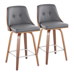 Gianna Mid-Century Modern Fixed-Height Counter Stool with Swivel in Walnut Wood and Grey Faux Leather with Square Chrome Metal Footrest by LumiSource - Set of 2